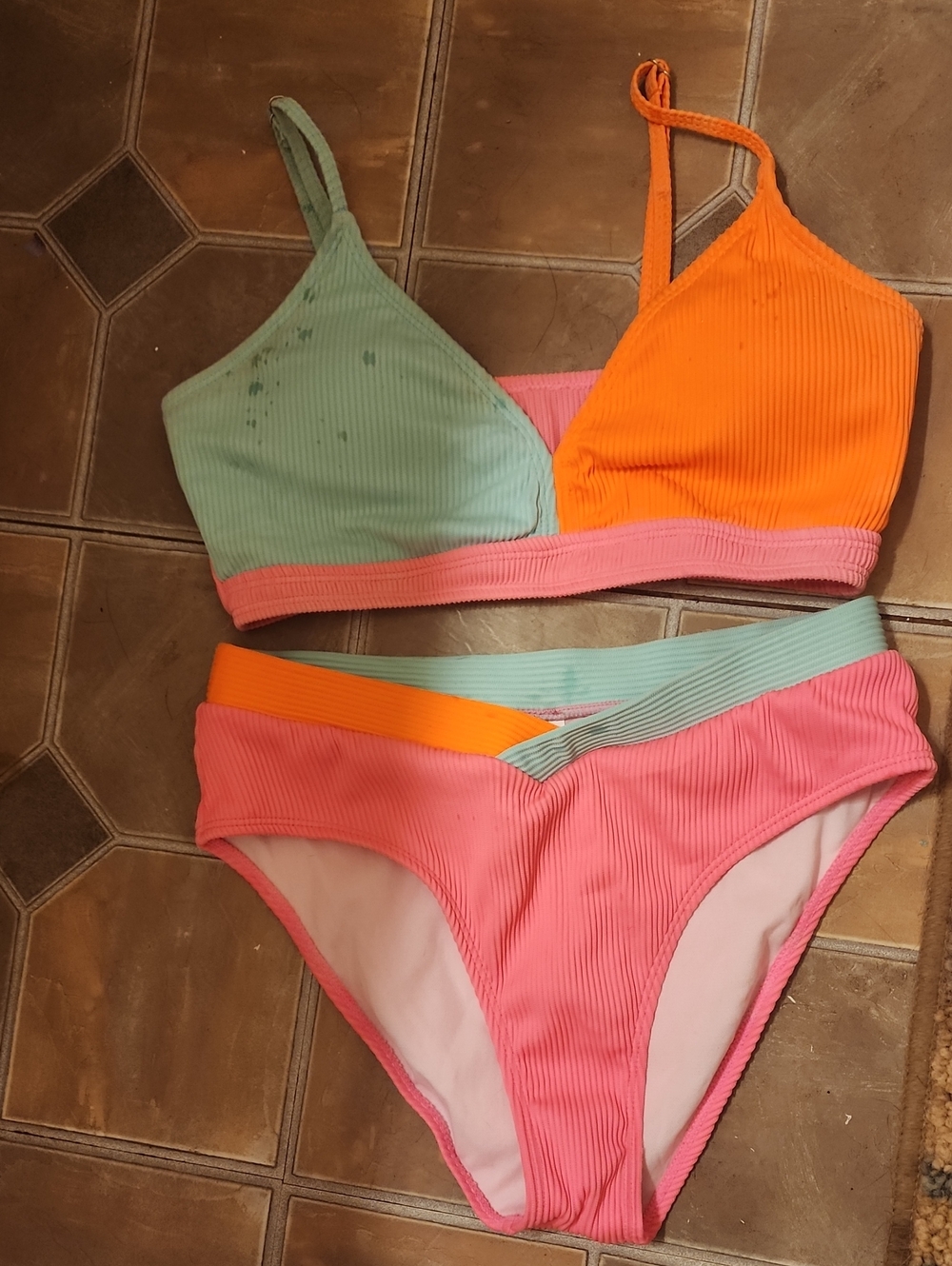 SHEIN Pink, Orange, Mint Ribbed Kids Bikini Set